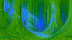 Der Junge, der sich tiefer in einen schwach beleuchteten Wald wagte, umgeben von hoch aufragenden Bäumen und leuchtenden Augen versteckter Kreaturen