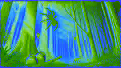 Anansi climbing a tall tree carrying the clay pot as forest creatures watch below
