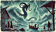 Aino enfrenta Iku-Turso durante uma tempestade, salvando seu pai enquanto os aldeões observam maravilhados.