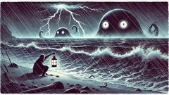 Aino enfrenta os olhos brilhantes de Iku-Turso no negro Mar Báltico sob nuvens de tempestade.