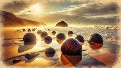 Las rocas Moeraki emergiendo de la arena tras una tormenta en la playa de Otago
