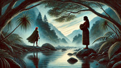 A Maori woman meets a Patupaiarehe man by a misty mountain stream in New Zealand.