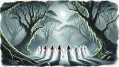 Patupaiarehe dancing in a moonlit, misty New Zealand forest clearing.
