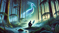 Rereahu dreams of the Manaia with iridescent feather, ancient New Zealand forest at dusk