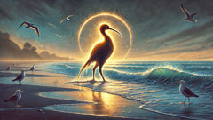 Manaia appears to Rereahu on New Zealand beach at dusk, bird head and fish tail shimmering