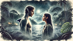 Isabela und Gabriel am mondbeschienenen Flussufer, an dem er seine wahre Encantado-Gestalt offenbart.