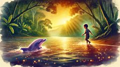 João, Isabelas Kind, spielt am Fluss, während ein rosa Delfin in der Nähe zuschaut.