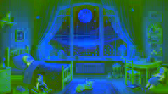 Seitenansicht von Spielsachen, Büchern und einem Ballon in einem sanft vom Mondlicht erleuchteten Kinderzimmer beim Zubettgehen.