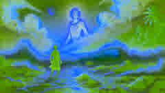 A glowing ocean spirit emerging from turbulent Samoa waters