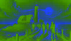Zeitgenössische Fotosimulation von Forschern, die nachts das Gelände des Leuchtturms von Albany erkunden