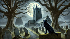 يجلس شبح الكنيسة تحت أشجار اليُو، حارساً لساحة الكنيسة بينما يتلوّى الضباب حول القبور القديمة.