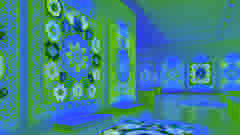 Colorful modern Ñandutí lace patterns on display in a gallery