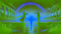 Figuras en silueta de dos amantes extendiéndose a través de un río resplandeciente al atardecer.
