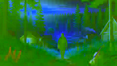 Lars caminha por um caminho na floresta iluminado pelo amanhecer, com seu violino sob o braço, voltando para sua aldeia após ter dominado a música do Pescoço.