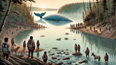 A river choked by a massive whale, with villages in sorrow along the banks.