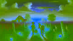 Jacob sosteniendo una manzana luminosa mientras camina a casa con su burro al atardecer.