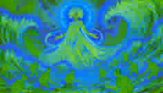 Oshun emerge radiante con una luz dorada del turbulento río Osun, enfrentándose a los soldados que huyen aterrados.