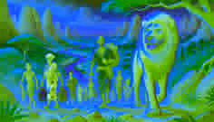 Kélé conduce a los aldeanos a través de colinas rocosas, acompañado por el león Fari, en su búsqueda de un manantial oculto.