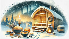 Uma pequena tigela de mingau e presentes deixados à porta de uma sauna coberta de neve durante a noite para um Tonttu.