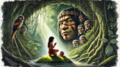Nanduti kneeling before Teju Jagua at the cave entrance surrounded by forest