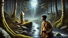 Eirik meets the Huldra by a stream in the Norwegian forest as moonlight filters through trees.