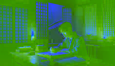 Yun-Seo, the scholar, sits at a wooden desk, writing in his journal by candlelight, with the misty bamboo grove visible outside.