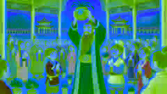 The Emperor holds Ping's empty pot aloft before the crowd, recognizing Ping's honesty and choosing him as the next Emperor.