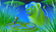 Leo the lion caught in a hunter's trap with Mosi the mouse by his side.