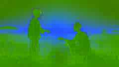 José tend la main à un El Silbón agenouillé à l'aube, les plaines doucement illuminées par la lumière matinale.
