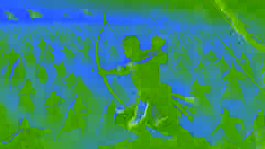 Sunjata Keita en la Batalla de Kirina, disparando una flecha encantada hacia Soumaoro Kanté en medio de una intensa batalla.