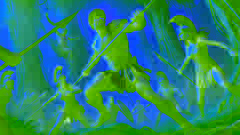 Herakles kämpft in einem Wald gegen Amazonenkriegerinnen und schwingt seinen Knüppel in einem erbitterten Gefecht.