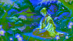 Genji reflexionando sobre la vida en los jardines del Rokujo-in.