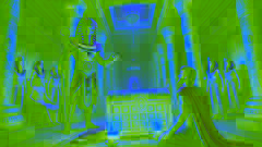 Seth invita a Osiris a un banquete, mientras se encuentra al lado de un cofre decorado con joyas en un palacio egipcio.