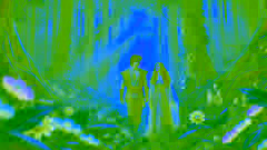 María Makiling y el Capitán caminan juntos por un bosque vibrante, lleno de flores y bañado por la cálida luz del sol.