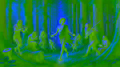 El joven Dionisio deambula por un frondoso bosque junto a sátiros y ninfas, danzando con alegría.