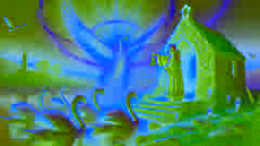 The swans transform back into humans on Inis Glora as a monk's bell emits radiant light, symbolizing redemption.