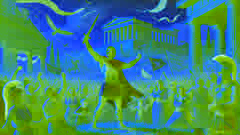 Theseus returns to Athens, greeted by cheering crowds, banners flying, and flowers being thrown in celebration of his victory.