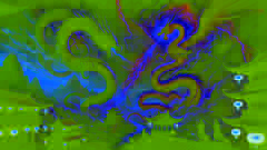 El Dragón Azul pelea contra una serpiente sombría en el cielo sobre una aldea china, mientras los aldeanos, asombrados, observan la escena.