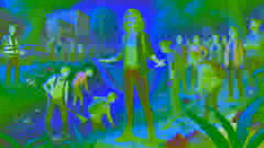 Mía, ahora adulta, de pie frente a un grupo de personas organizando una jornada de limpieza cerca del pantano.