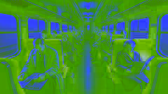Crowded train compartment, passengers lost in thought, viewed from the couple's perspective