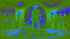 Cú Chulainn de pie sobre el perro derrotado de Culann, con una entrada iluminada por antorchas y un cielo crepuscular de fondo.