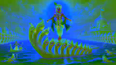 Krishna realiza una danza divina sobre la cabeza de Kaliya, sometiendo a la serpiente mientras las aguas del Yamuna comienzan a aclararse.