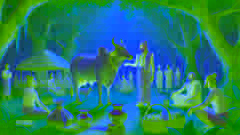 El ashram de Sage Vasishta, donde Kamadhenu proporciona leche y alimento, rodeado de discípulos y aldeanos en un entorno tranquilo.
