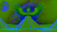 Kukulkan, as a feathered serpent, descends from the night sky above the Temple of Kukulkan in Chichen Itza.