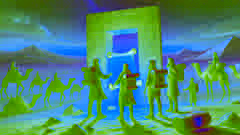 El equipo arqueológico se encuentra frente a la puerta de obsidiana cerrada al amanecer, sosteniendo un pergamino resplandeciente.