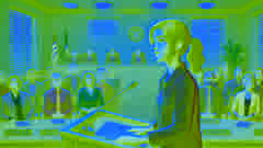 Sofía habla con pasión en el podio del concejo municipal, mientras los miembros del consejo la escuchan atentamente.