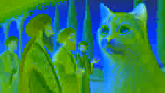 Tres sabios se encuentran ante el místico gato persa, buscando antiguas enseñanzas bajo los árboles de Shahrazad.