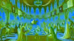 Tristan and Iseult accidentally drinking the love potion during a grand feast in King Mark's castle.