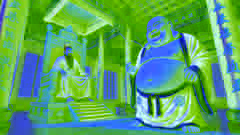 The Laughing Buddha stands before the emperor in a grand hall, sharing his wisdom while smiling warmly.