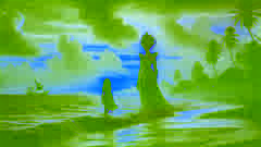 Adisa et Mami Wata se tiennent au bord de l'océan au coucher du soleil, regardant vers l'horizon alors qu'Adisa se prépare à quitter le village.